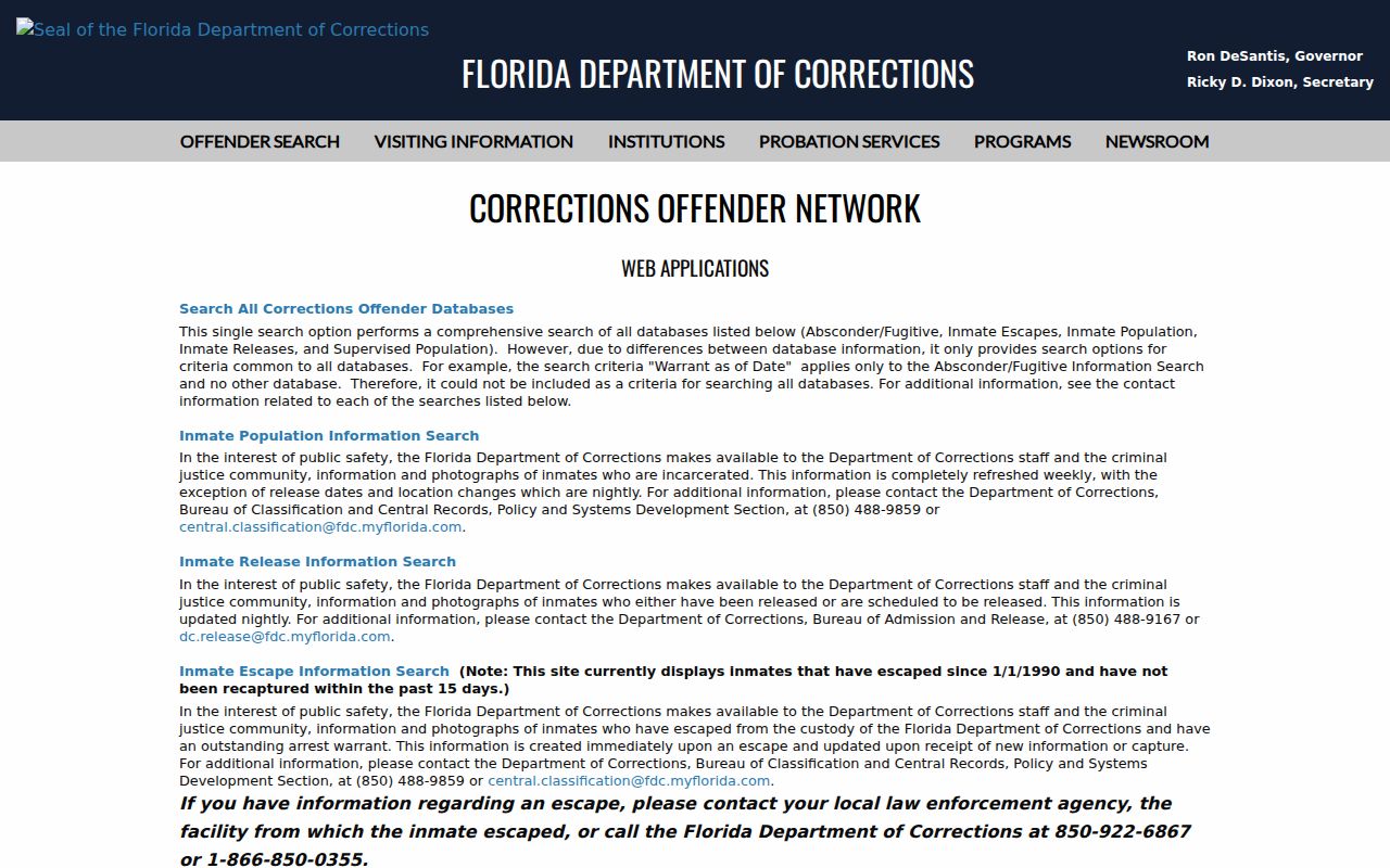 Florida Department of Corrections offender search options
