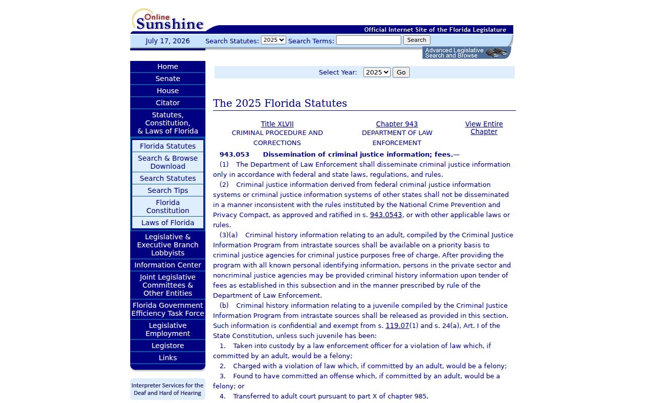Official Florida criminal-history dissemination statute