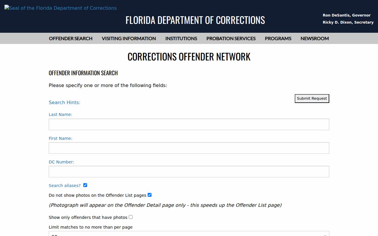 Florida Department of Corrections Offender Search for Baker County custody and supervision