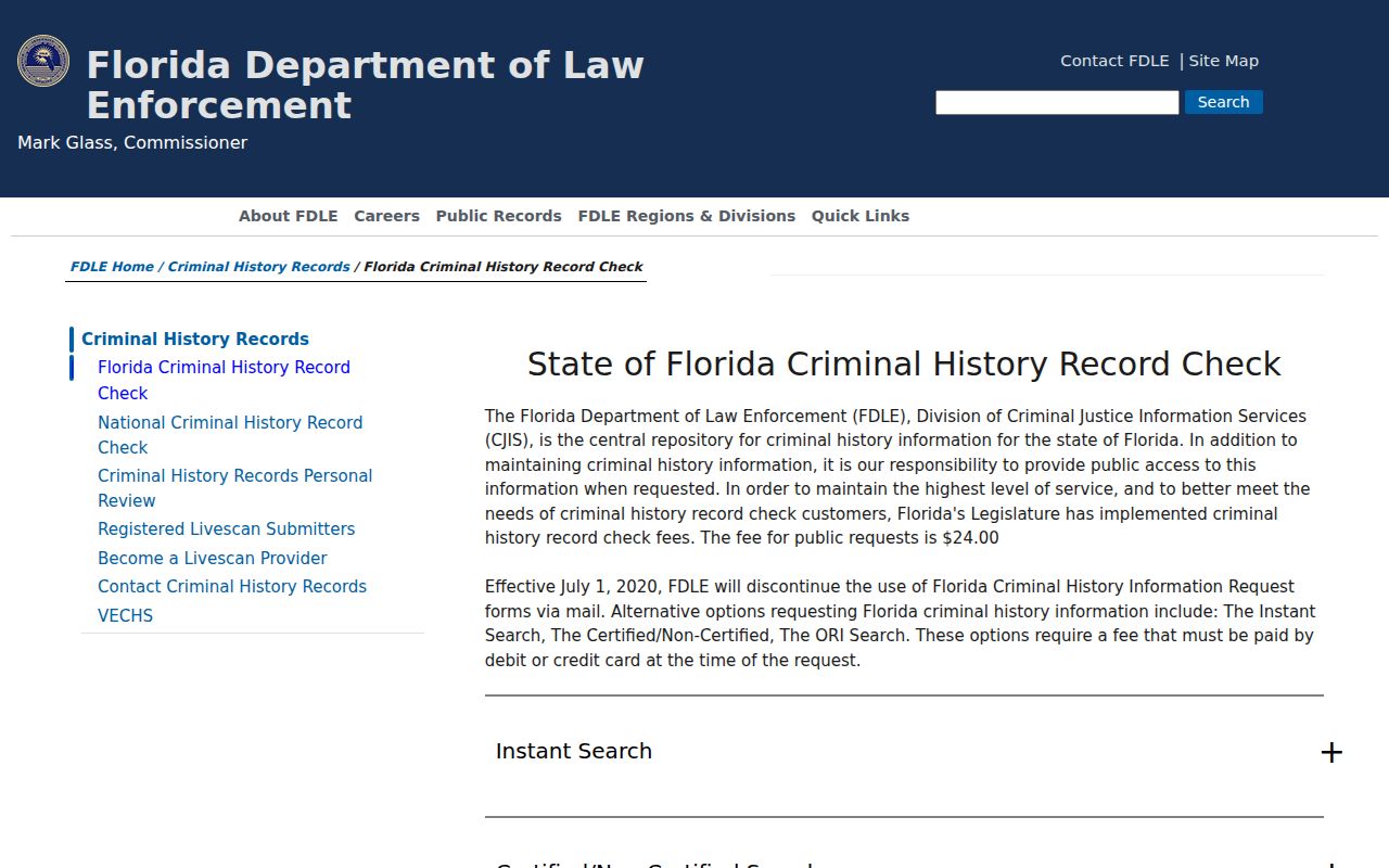 Florida Department of Law Enforcement criminal history check options for Baker County searches