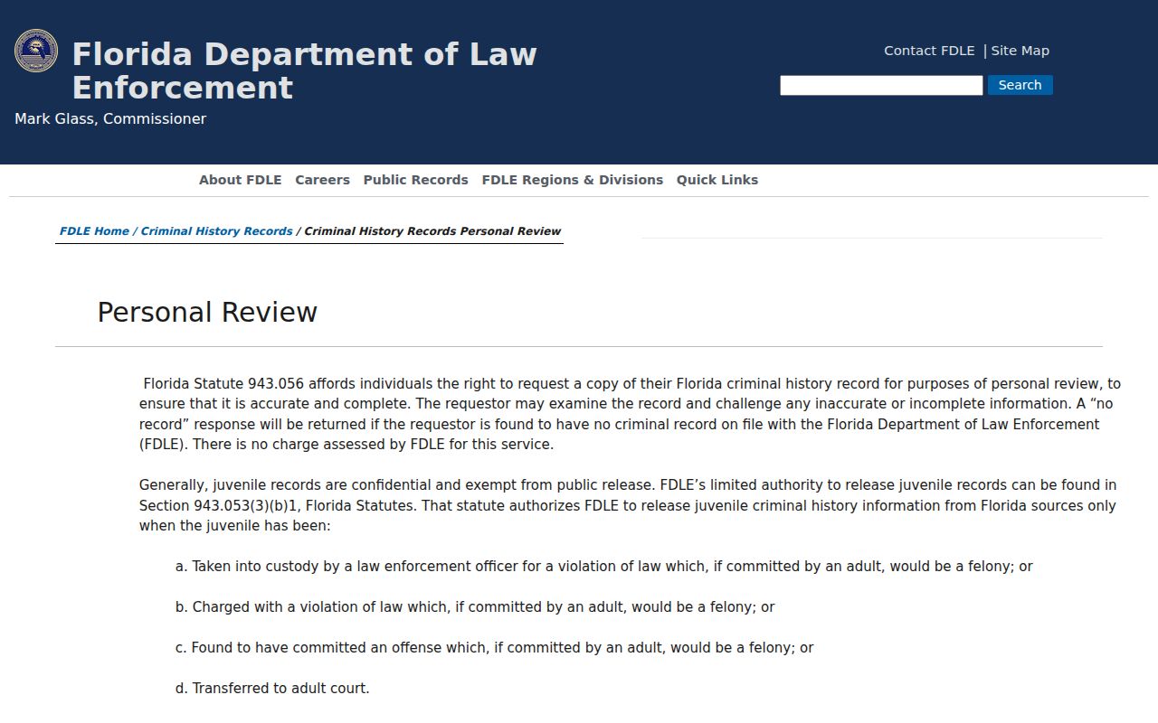 FDLE personal criminal record review information for Glen St. Mary residents