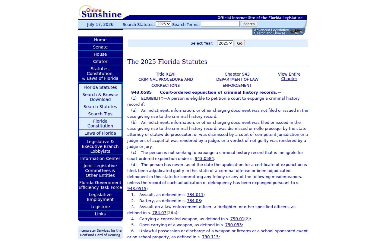 Florida expunction law relevant to Glen St. Mary criminal records